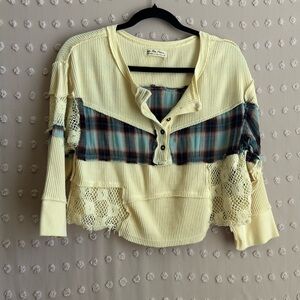 Free People Nina Plaid Patchwork Crop Long Sleeve Sz XS‎